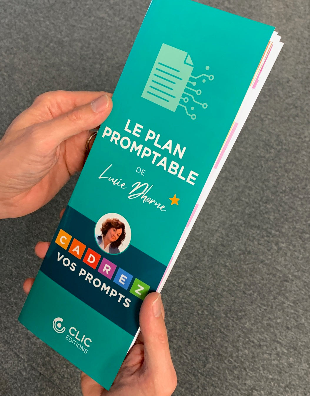 Le plan promptable vu de la première de couverture, entre les mains d'un lecteur sur un fond moquette grise.